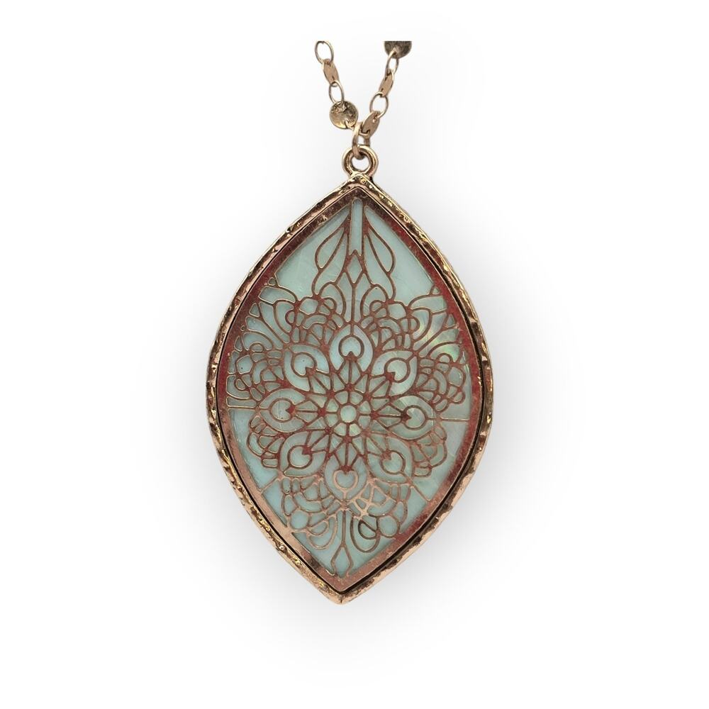 Ornate Gold Rosette Marquise Glass Pendant Necklace Victorian Romantic